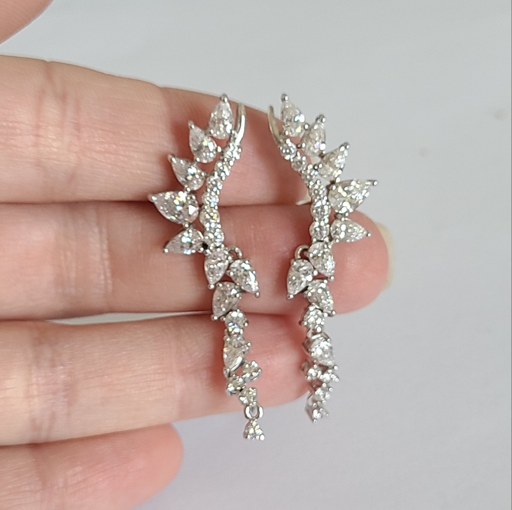 Sterling Silver Crystal Leaf Half Ear Drop Dangle Evening Cocktail Earrings